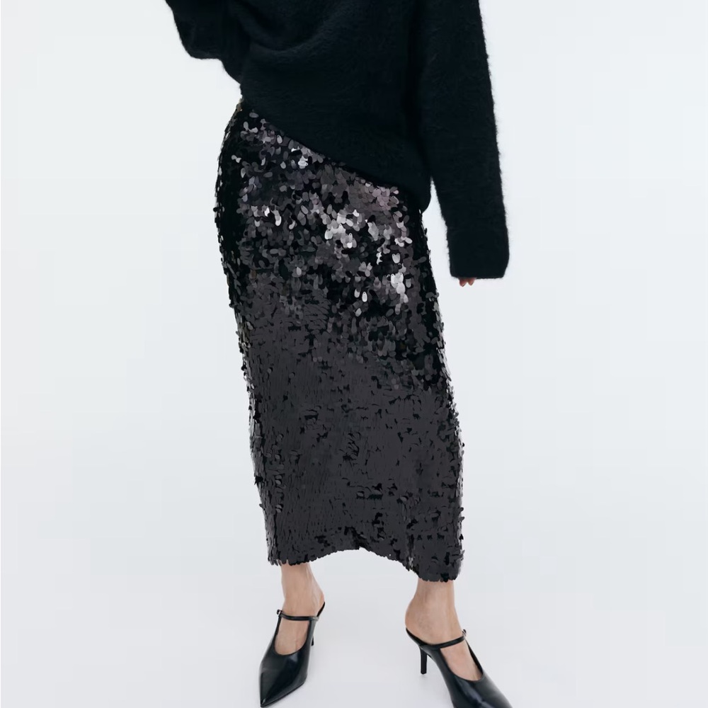 H&M Sequin Black Midi Skirt